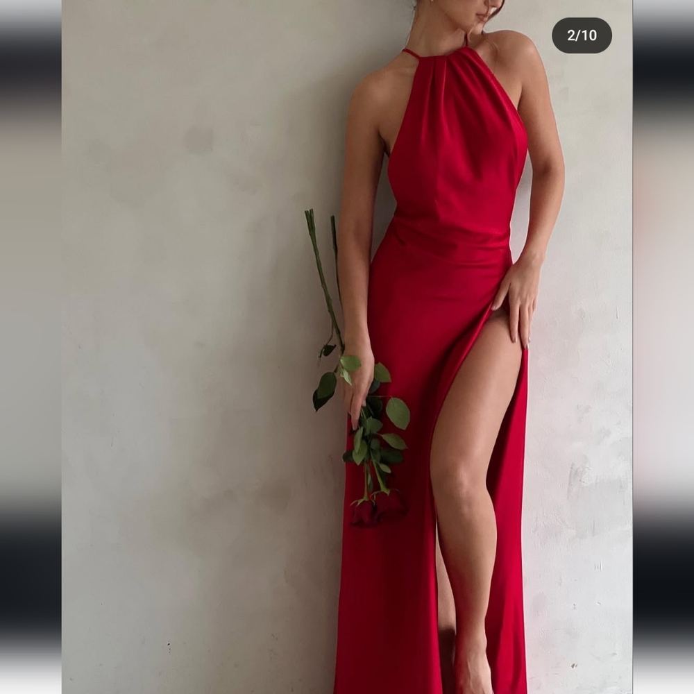 House of CB Red Backless Halter Gown with High Slit
